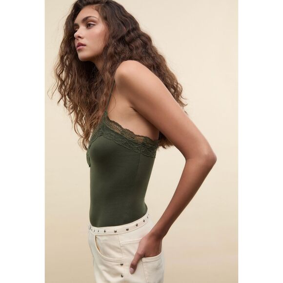 Stradivarius Cotton Bodysuit with Lace Detail in Green NWT - Picture 3 of 13